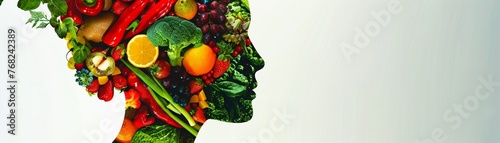 A colorful silhouette of a woman composed of assorted fruits and vegetables