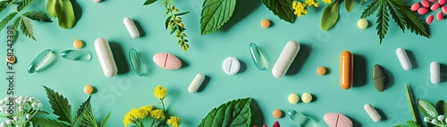 A conceptual image contrasting pharmaceutical drugs and natural herbal medicine on a fresh green background.