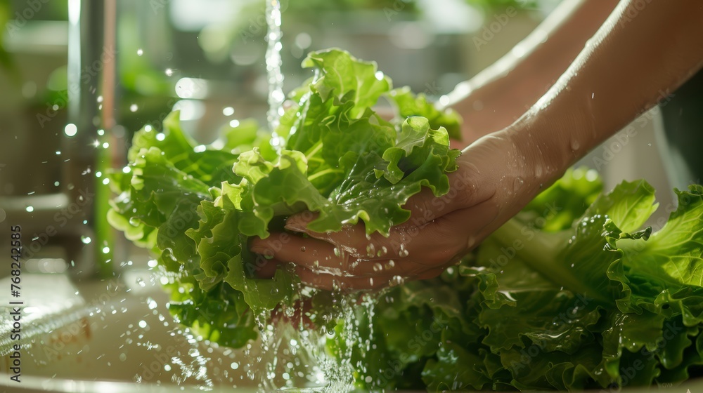 Washing fresh lettuce under tap water. Close-up photography with dynamic water spray.