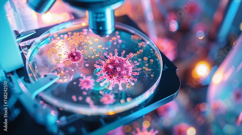 A vibrant view of virus and bacteria cultures in a Petri dish as seen through a microscope