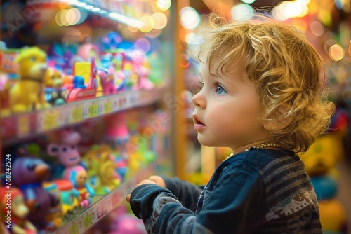 A young child is captivated by a colorful display of toys