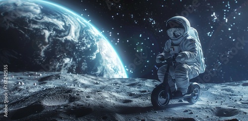 An astronaut riding a scooter on the moon's surface, with Earth in the background, in a whimsical space scene.