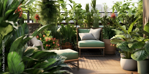 An urban roof terrace with potted plants and modern furniture
