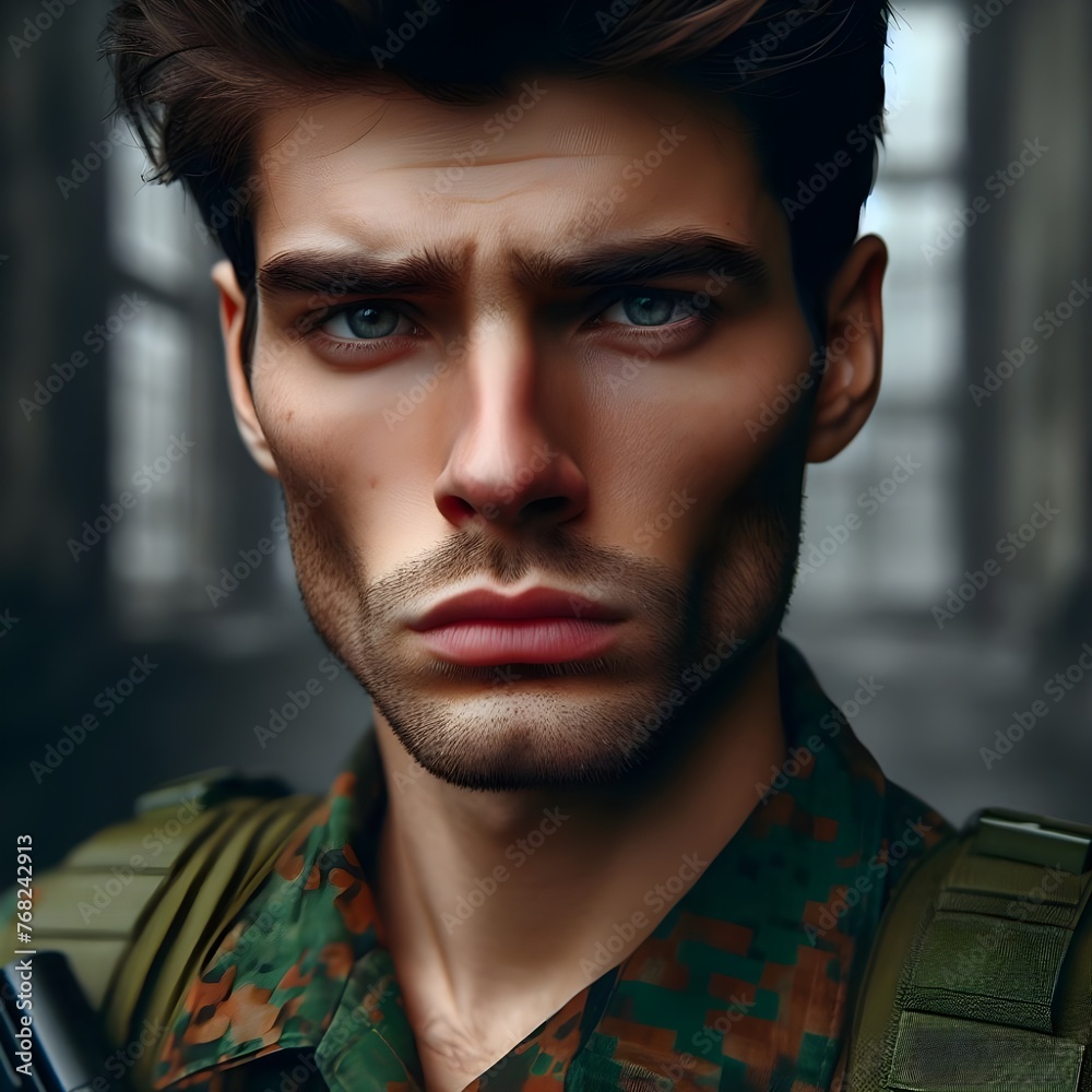 Intense Gaze of a Young Soldier in Camouflage Intense Gaze of a Young Soldier in Camouflage