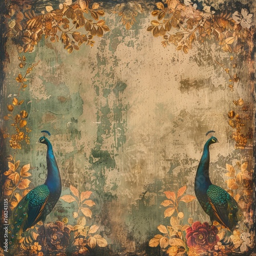 Vintage Textured Abstract Art Background with Floral Plants, Peacocks, and Gold Accents