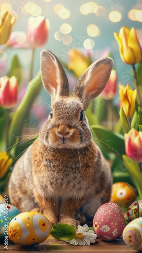 Happy Bunny Rabbit with few easter eggs in beautiful studio background with tulips and spring decorations created with Generative AI Technology