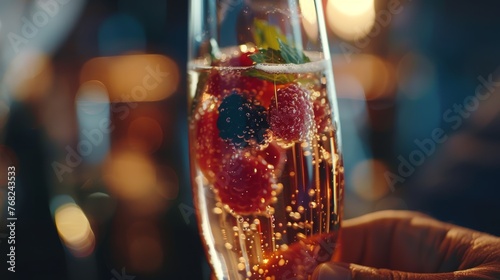 Champagne flute with berries and mint, effervescence, and bokeh lighting. Festive beverage concept