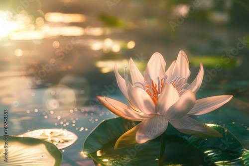 A white flower is floating on the surface of a pond