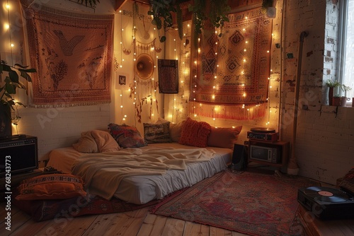 Step into a minimalist loft bedroom furnished with a platform bed, paper lanterns suspended from the ceiling, a bonsai tree adorning a nightstand, and a laptop serenading with lo-fi music