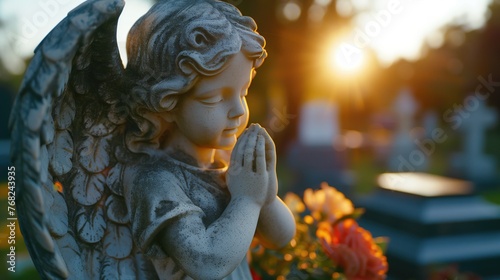Guardian angel made of granite on a grave on a blurred background with copy space. photo