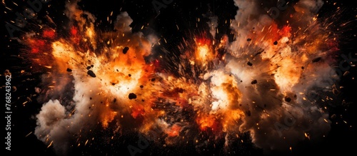 A fierce firecracker explosion unleashing a powerful burst of orange and black smoke against a dark background. The intensity of the explosion creates a striking visual impact.