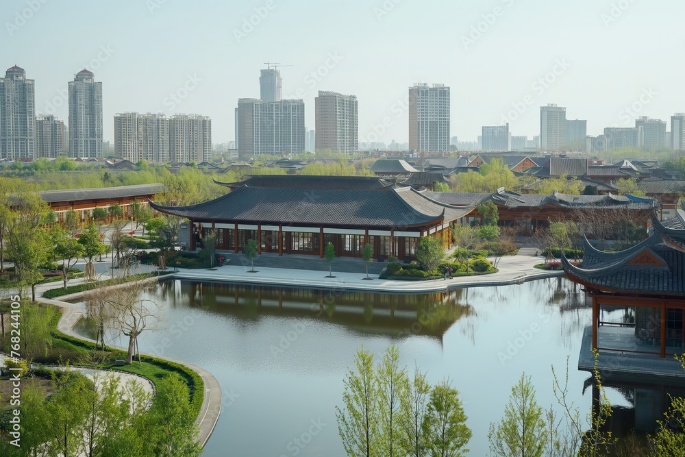 A pond in a park with tall buildings in the background under soft sunlight on a clear day.