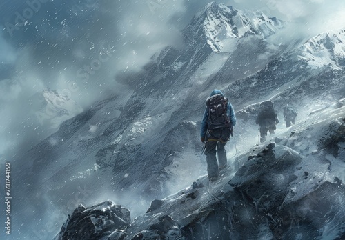Climbers climb a mountain in a blizzard.