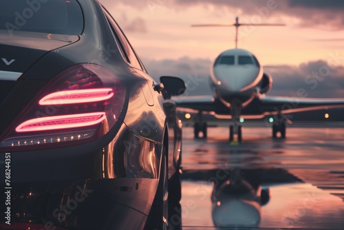 Luxury black car standing next to a private black jet at the landing strip of an airport