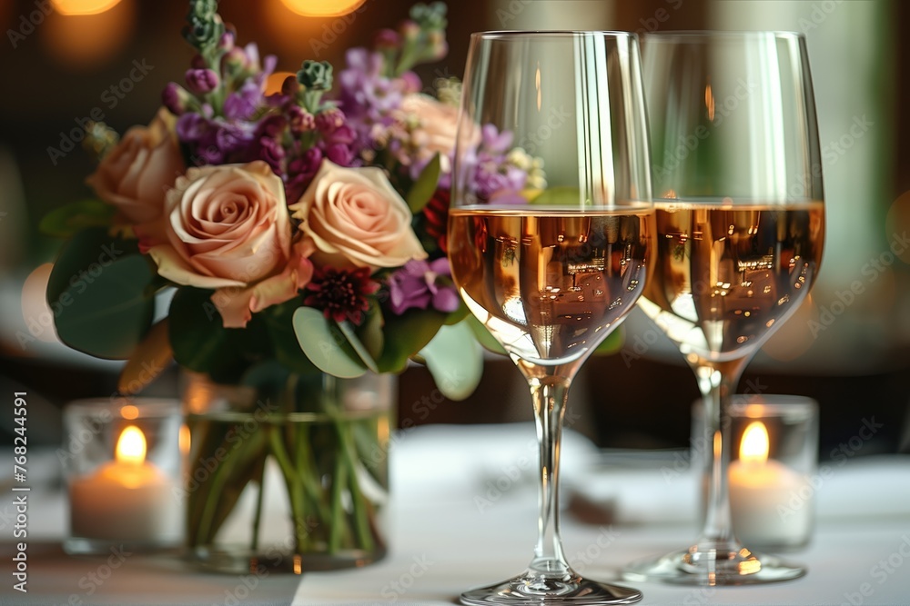 wedding tableware rich wine glasses flowers invitation on a white table in a restaurant wedding tableware rich wine glasses flowers invitation on a white table in a restaurant