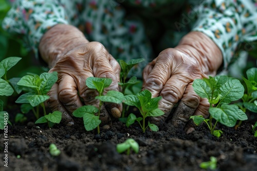 Close-up of a gardener's hands nurturing young potato plants in fertile soil, symbolizing care and growth in gardening © Jenia