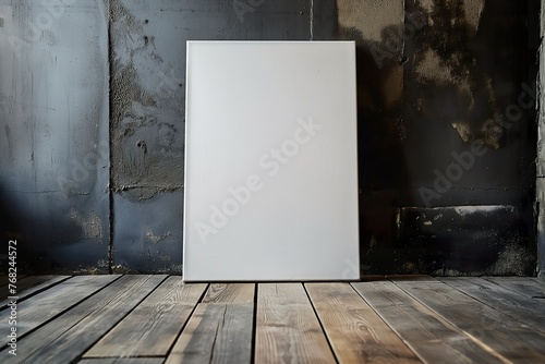 Front view close up of a blank canvas mock up  a white box placed on top of a wooden floor.