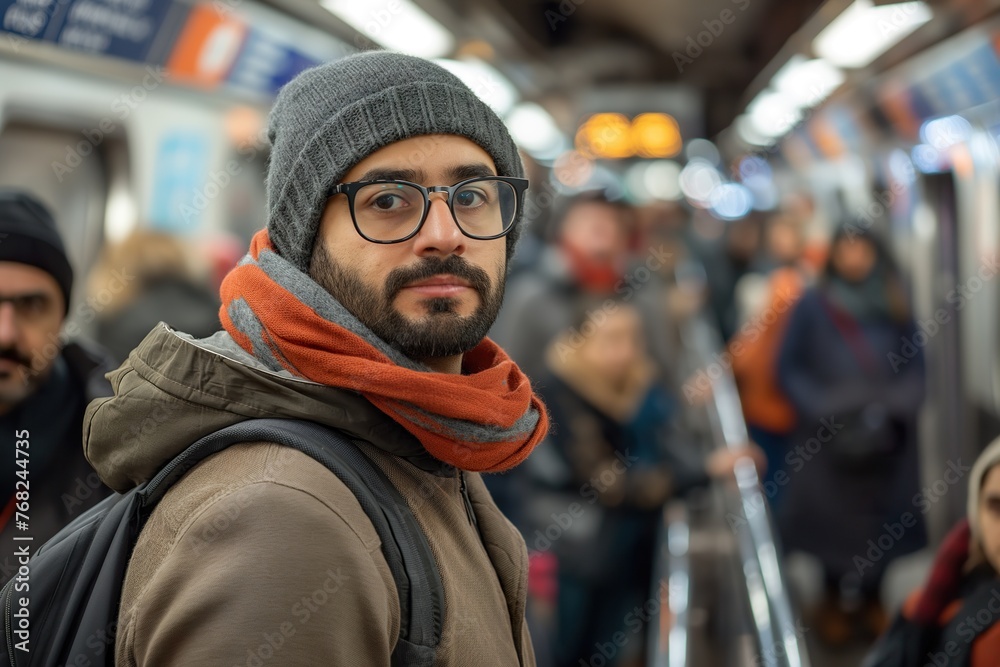 A man dressed in a hat and scarf, standing on a subway train.