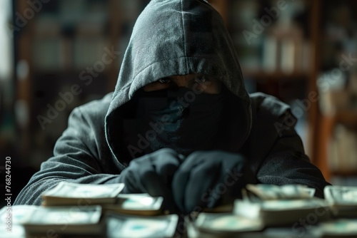 A male thief in a black hoodie surrounded by a bunch of money in a room.