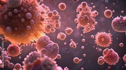 Simulates a 3D animation of a respiratory or airborne virus cell spreading into the body through the respiratory system. Used as an illustration to study for medical education and scientific research. photo