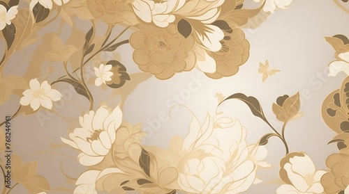 Luxury gold oriental style background vector. Chinese and Japanese wallpaper pattern design of elegant butterflies and peony flower with gradient gold line texture. Design for decoration  wall decor.