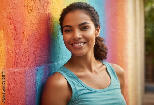 A woman stands against a brightly colored wall, her joyful demeanor matching the vibrant background.