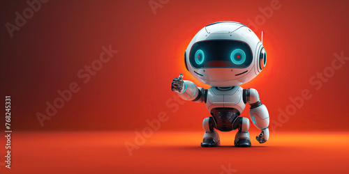 cute robot points finger at copy space on a red isolated background