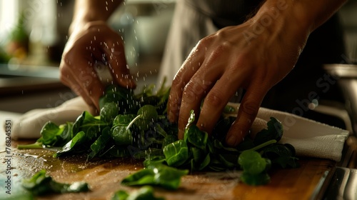 Hands chopping fresh spinach on a wooden board. Close-up shot with water droplets