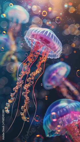 Bright pink poisonous jellyfish with orange long tentacles against the backdrop of a deep blue underwater landscape. Poisonous exotic jellyfish photo