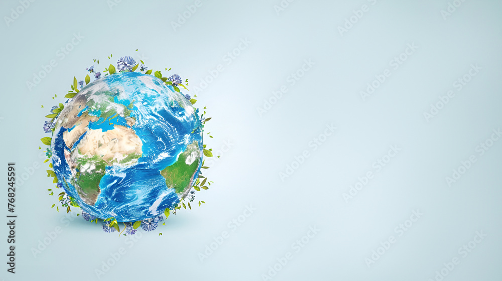 Earth day illustration planet earth with green branches and flowers on blue studio background with copy space, nature eco theme holiday banner