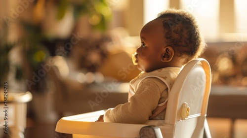 Profile view of a baby girl in beige outfit sitting in a white high chair. Cozy domestic scene with warm lighting photo