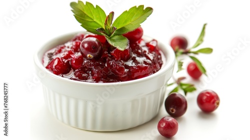 White bowl of cranberry sauce with fresh berries and green leaves. Gourmet food presentation and culinary delight concept