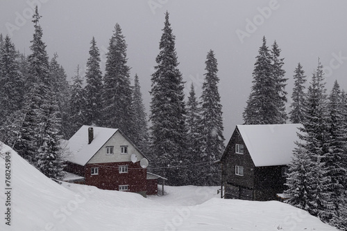 Dragobrat, Ukraine. March 18, 2024 The Carpathians are incredibly beautiful. heavy snow and fog. all the roofs and trees are covered with snow. a place of strength and rest © HannaBg