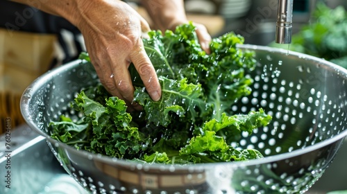 Washing curly kale in a metal colander under a kitchen tap. Fresh vegetables and healthy lifestyle concept.