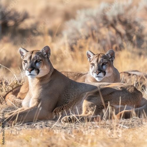 Mountain lions lying in barren November field with grass Background created with Generative AI Technology