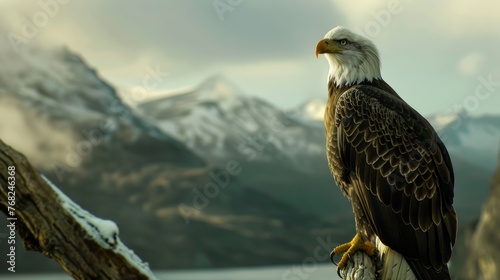 Bald eagle perched on a branch with snowy mountains in the background. Wildlife photography with focus on the bird