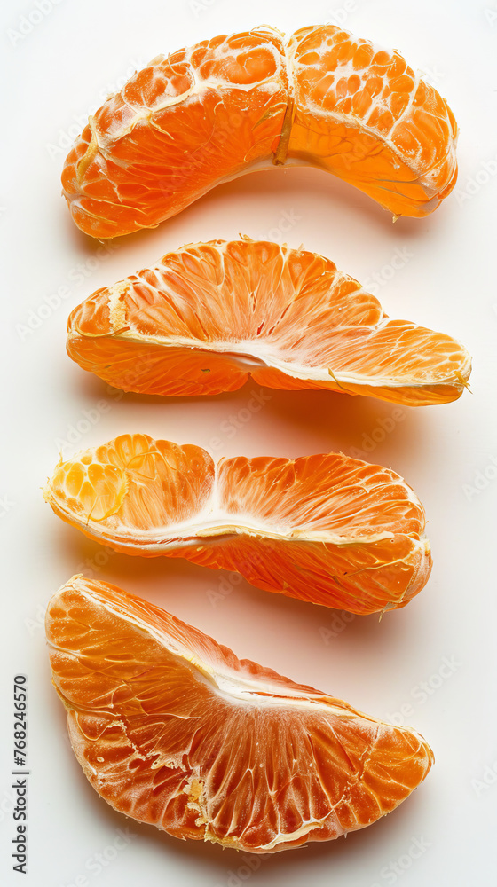 Orange Segments Laid Out on White - Fresh Peeled Citrus Display, Vitamin C and Healthy Living Orange Segments Laid Out on White - Fresh Peeled Citrus Display, Vitamin C and Healthy Living