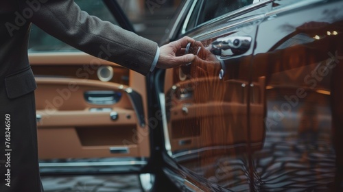 Person opening luxury car door. Close-up of hand on vehicle handle with detailed car interior. © Andrey