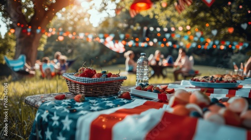Cherries on picnic blanket with patriotic theme, blurred backyard party in background. 4th of July holiday concept photo