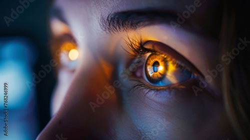 Close-up of a human eye with a warm bokeh light reflection. Macro photography with orange and blue hues.