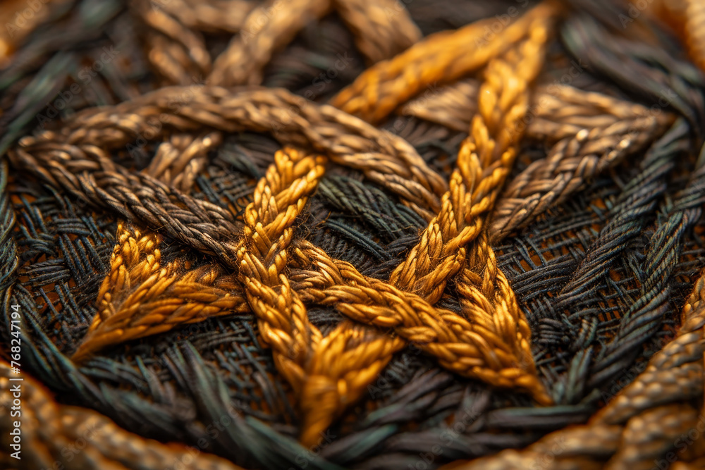 A close up of a gold and brown woven design with a black background