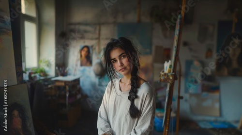 Portrait of a young beautiful woman in her painting studio