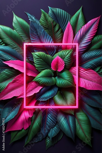 Abstract tropical foliage background with pink neon shape