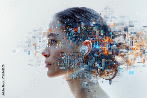 Woman's profile with advanced digital graphics, symbolizing the intersection of humanity and technology