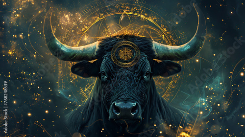 This captivating image showcases a majestic bull’s head enveloped in an aura of mysticism and cosmic energy.