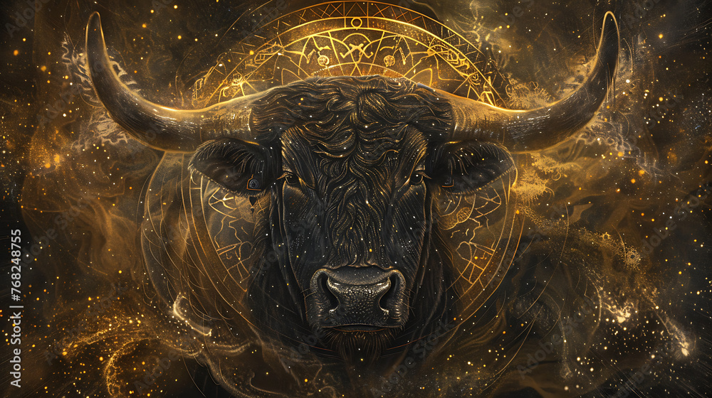 This captivating image showcases a majestic bull’s head enveloped in an aura of mysticism and cosmic energy. - obrazy, fototapety, plakaty 