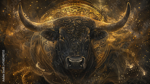 This captivating image showcases a majestic bull’s head enveloped in an aura of mysticism and cosmic energy.