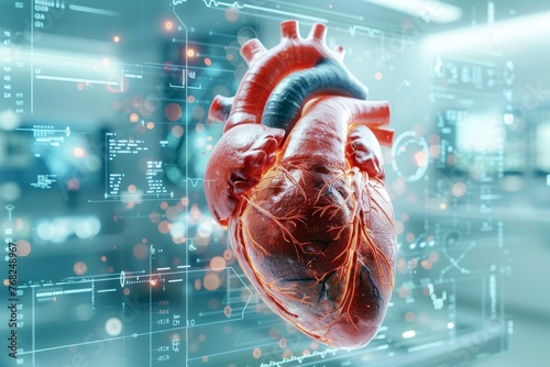 Human heart model on a futuristic digital interface, illustrating medical technology and cardiology research