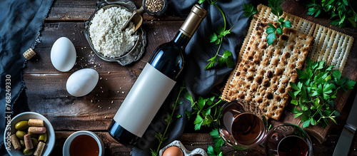 Pesah,Passover holiday composition card silver kearah, bottle of wine, matzo, egg, greens traditional Jewish Passover dishes.warm cozy soft evening light,cinematic atmospheric style,holiday mood photo