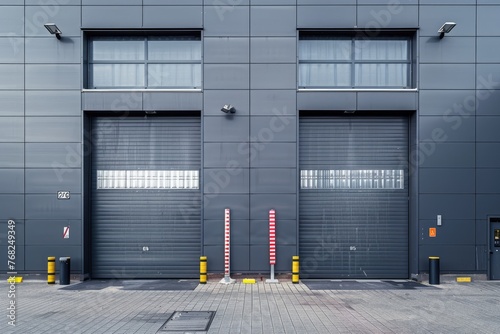 A production building with rolling industrial gates photo